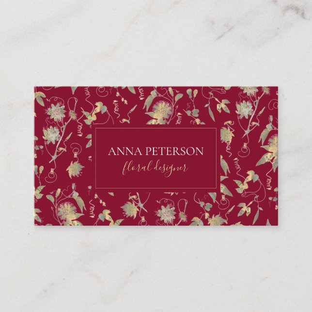 Elegant Classy Gold Passion Flower Burgundy Red Business Card (Front)