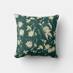 Elegant Classy Gold Passion Flowers Emerald Green Cushion