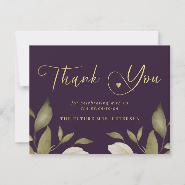 Elegant classy gold purple bridal shower thank you card (Front)