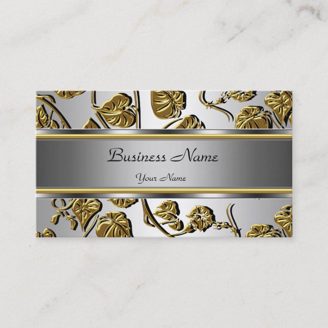 Elegant Classy Gold Silver Embossed Floral Leaf Business Card (Front)