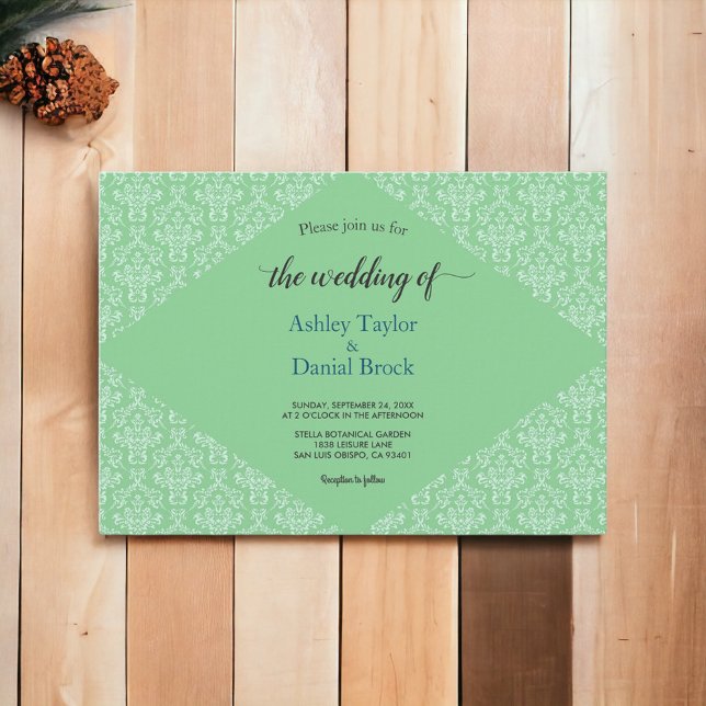 Elegant Classy Green Damask Script Formal Wedding Invitation (Creator Uploaded)