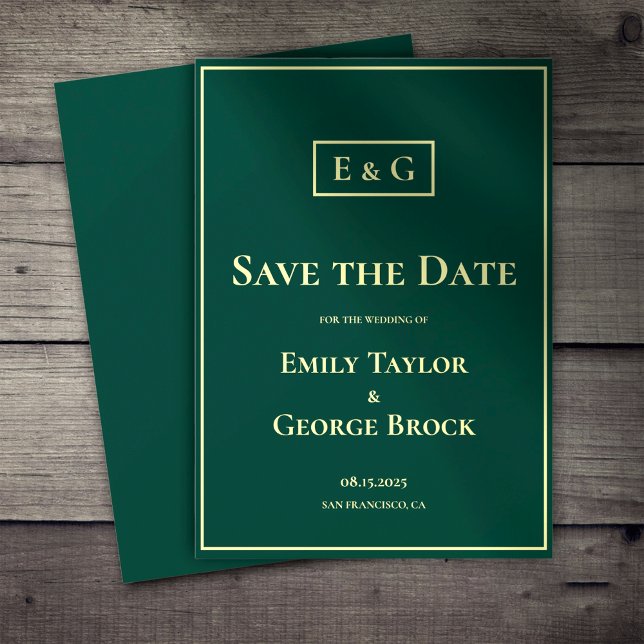 Elegant Classy Green Gold Monogram Modern Wedding Save The Date (Creator Uploaded)