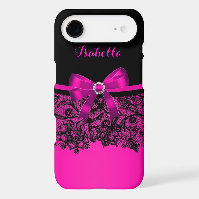 Elegant Classy Hot Pink Bow Black Lace Case-Mate iPhone Case (Back)