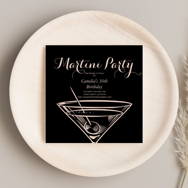Elegant Classy Martini Dink Adult Black Birthday Invitation (Creator Uploaded)