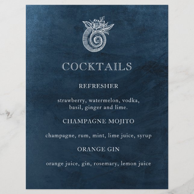 Elegant Classy Navy Beach Wedding Cocktail Menu (Front)