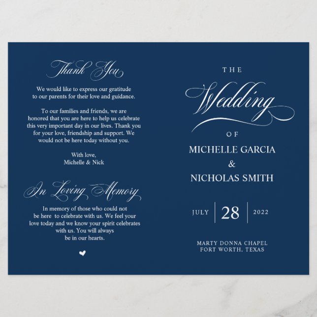 Elegant Classy Navy Blue, Foldable Wedding Program (Front)