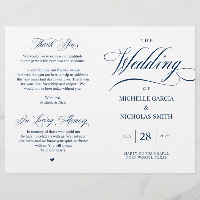 Elegant Classy Navy Blue, Foldable Wedding Program (Front)