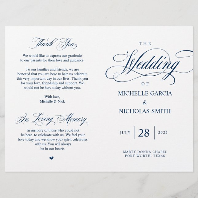 Elegant Classy Navy Blue, Foldable Wedding Program (Front)