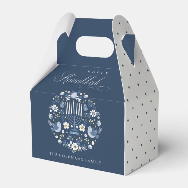 Elegant Classy Navy Blue Happy Hanukkah Floral Favour Box (Front Side)