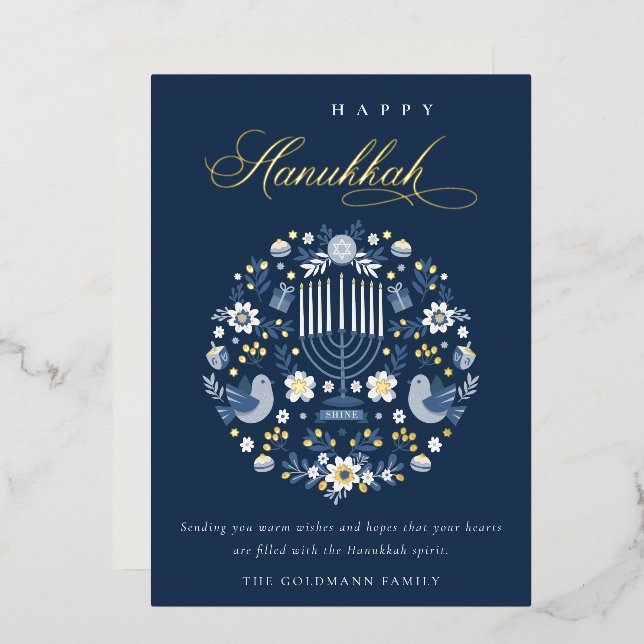 Elegant Classy Navy Blue Happy Hanukkah Floral Foil Holiday Card (Front/Back)