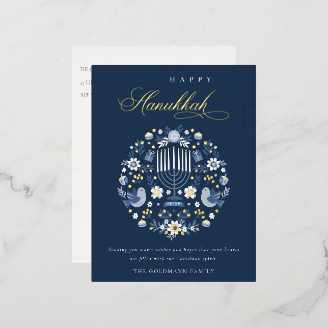Elegant Classy Navy Blue Happy Hanukkah Floral Foil Holiday Postcard (Front/Back)