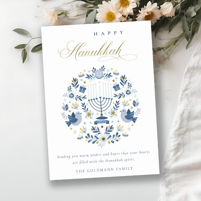 Elegant Classy Navy Blue Happy Hanukkah Floral Holiday Card (Creator Uploaded)