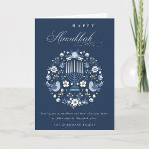 Elegant Classy Navy Blue Happy Hanukkah Floral Holiday Card