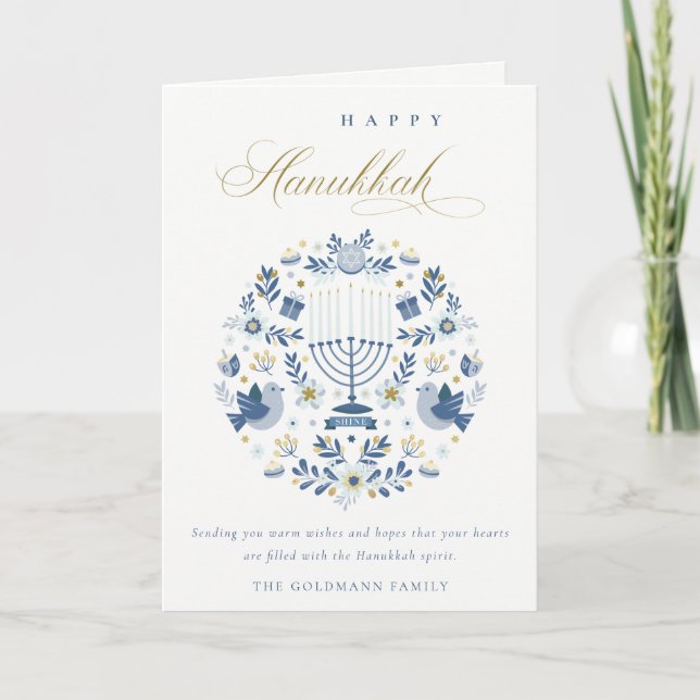 Elegant Classy Navy Blue Happy Hanukkah Floral Holiday Card (Front)