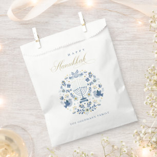 Elegant Classy Navy Blue Happy Hanukkah Floral Nap Favour Bags