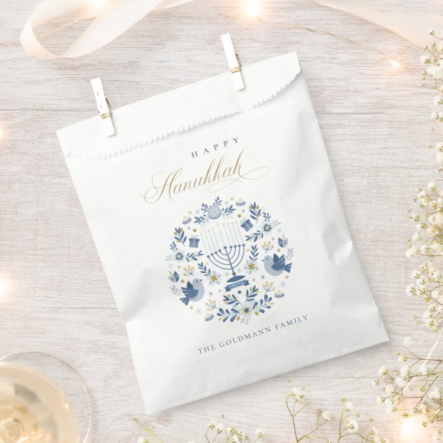 Elegant Classy Navy Blue Happy Hanukkah Floral Nap Favour Bags (Clipped)