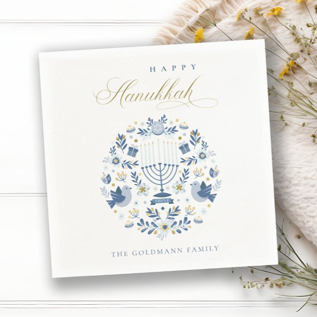 Elegant Classy Navy Blue Happy Hanukkah Floral Napkin (Creator Uploaded)