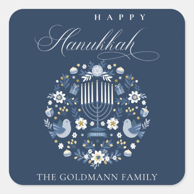 Elegant Classy Navy Blue Happy Hanukkah Floral Square Sticker (Front)