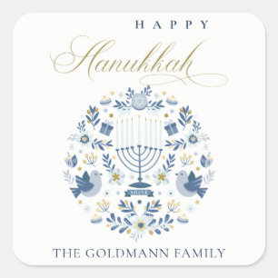 Elegant Classy Navy Blue Happy Hanukkah Floral Square Sticker