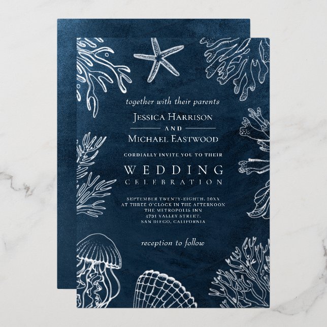 Elegant Classy Navy Blue Ocean Beach Wedding (Front/Back)