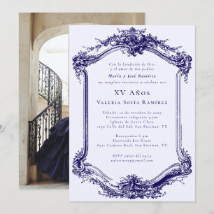 Elegant Classy Navy Blue Quinceañera 15th Birthday Invitation