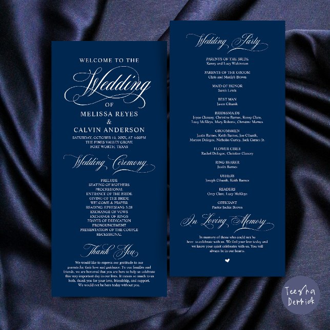 Elegant Classy Navy Blue Script Wedding Ceremony Programme (Elegant Classic Navy Blue Script Wedding Ceremony Program Card)