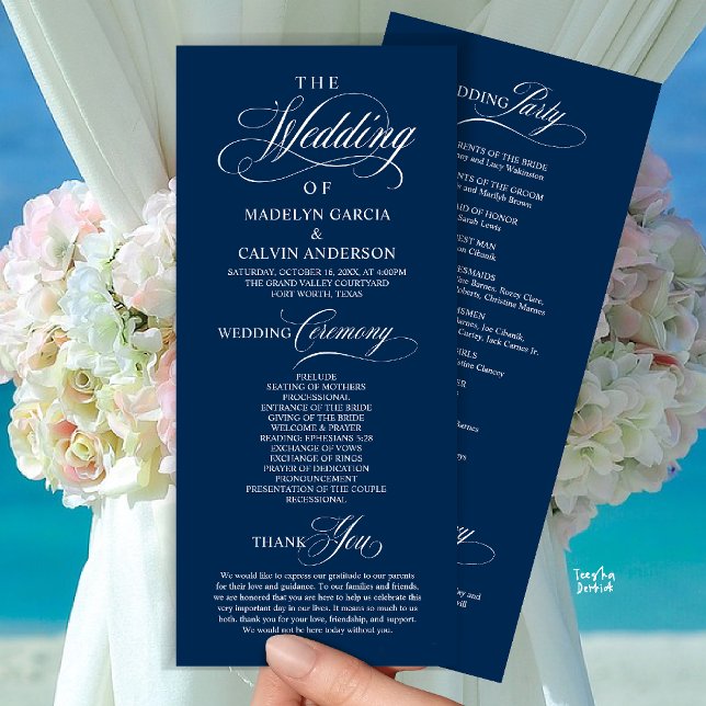 Elegant Classy Navy Blue Wedding Ceremony Order Programme (Elegant Classy Gold Script Wedding Ceremony Order Program Card in Navy Blue)