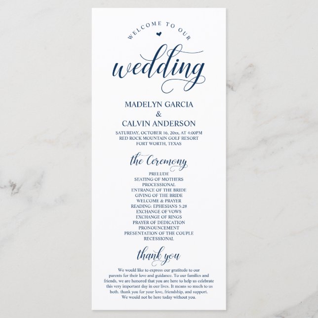 Elegant Classy Navy Blue, Wedding Ceremony Programme (Front)