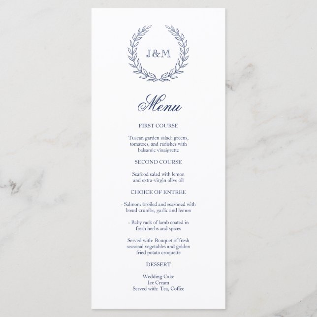 Elegant Classy Navy Blue Wedding Monogram Menu (Front)