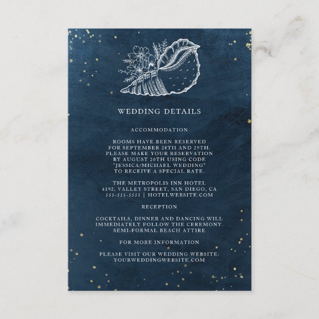 Elegant Classy Navy Coral Beach Wedding Details Enclosure Card (Front)