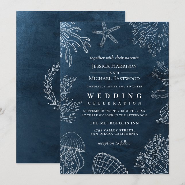 Elegant Classy Navy Coral Beach Wedding Invitation (Front/Back)
