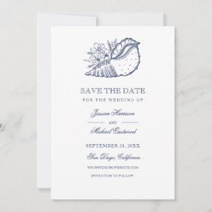 Elegant Classy Navy Seashell Beach Wedding Photo Save The Date