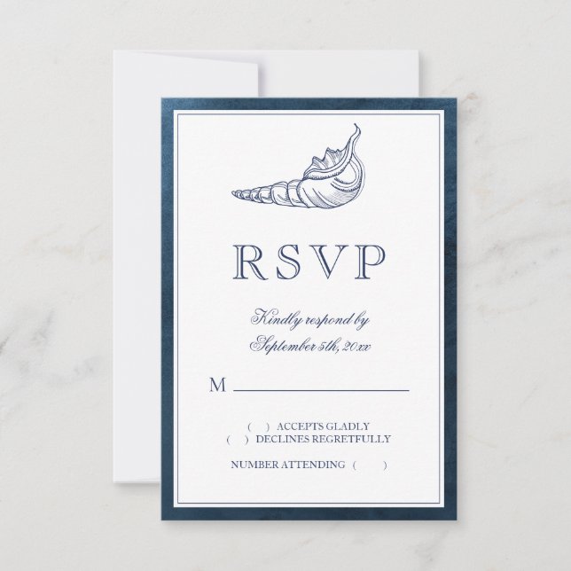 Elegant Classy Navy Seashell Beach Wedding RSVP Card (Front)