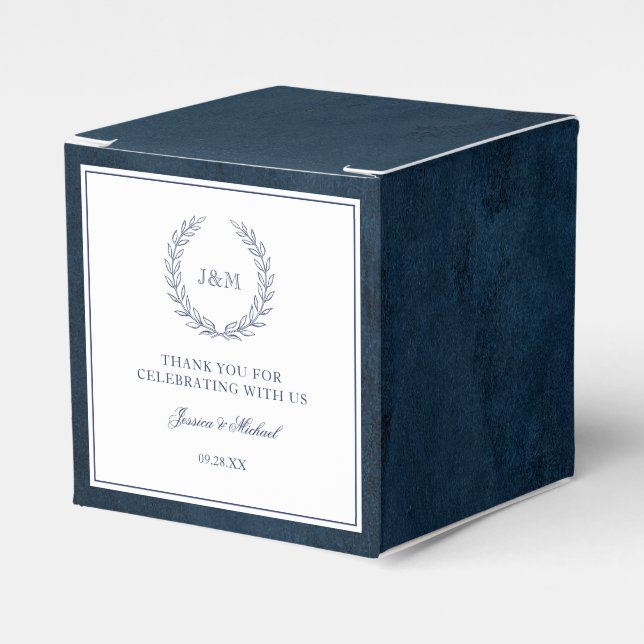 Elegant Classy Navy Watercolor Monogram Wedding Favour Box (Front Side)