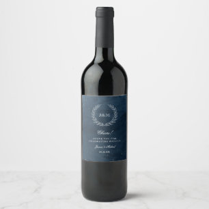 Elegant Classy Navy Watercolor Monogram Wedding Wine Label