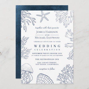 Elegant Classy Navy White Coral Beach Wedding Invitation