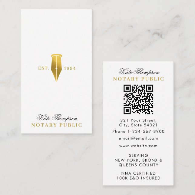 Elegant Classy Notary Signing Agent QR Code Gold Business Card (Front/Back)