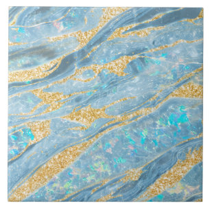 Elegant Classy Opal Marble Light Blue Gold Glitter Tile