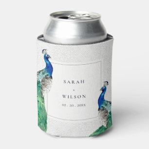 Elegant Classy Ornate Watercolor Peacock Wedding Can Cooler