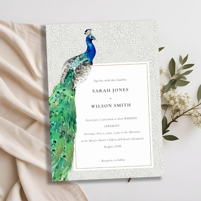 Elegant Classy Ornate Watercolor Peacock Wedding Invitation (Creator Uploaded)