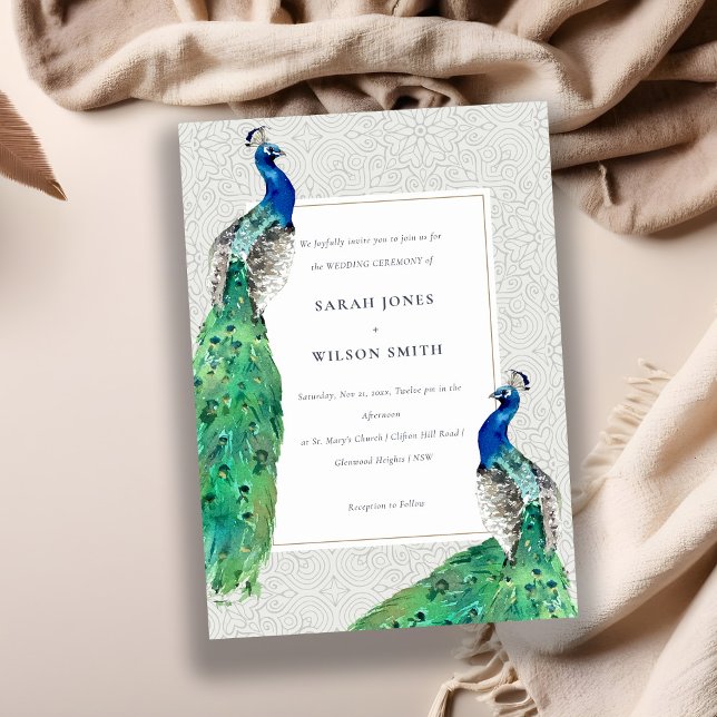 Elegant Classy Ornate Watercolor Peacock Wedding Invitation (Creator Uploaded)