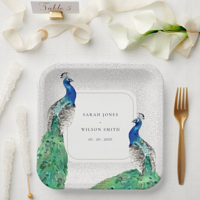 Elegant Classy Ornate Watercolor Peacock Wedding Paper Plate (Wedding)