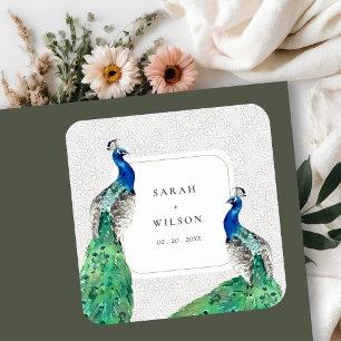 Elegant Classy Ornate Watercolor Peacock Wedding  Square Sticker