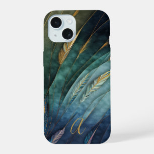 Elegant Classy Peacock Feathers Gold Monogrammed iPhone 15 Case