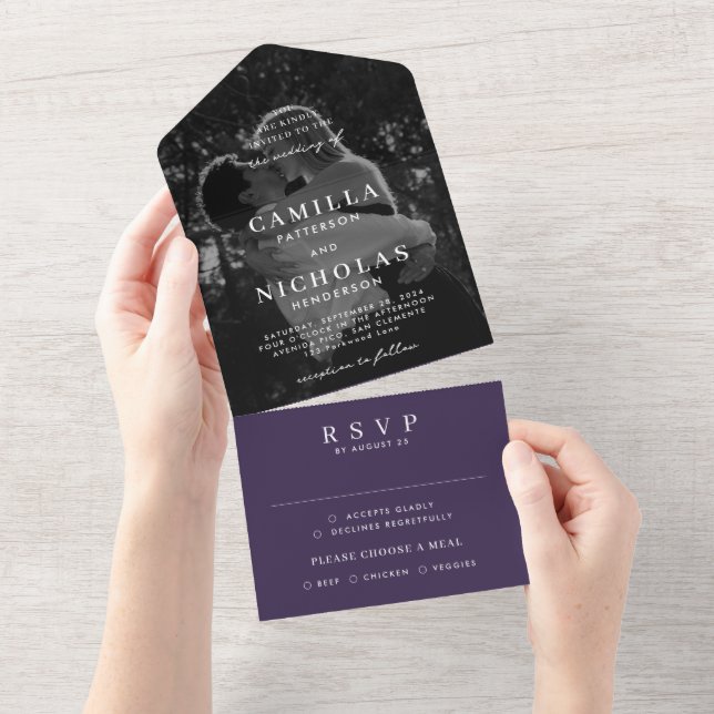 Elegant Classy Photo Purple RSVP Wedding All In One Invitation (Tearaway)