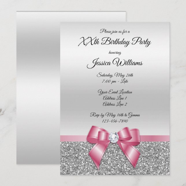 Elegant Classy Pink Bow & Silver Glitter Birthday Invitation (Front/Back)