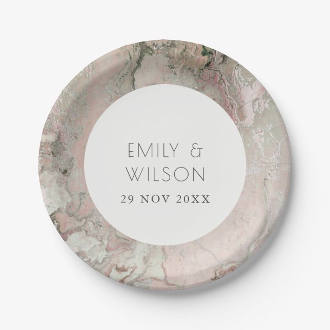 ELEGANT CLASSY PINK DUSKY ROSE GOLD AGATE WEDDING  PAPER PLATE (Front)