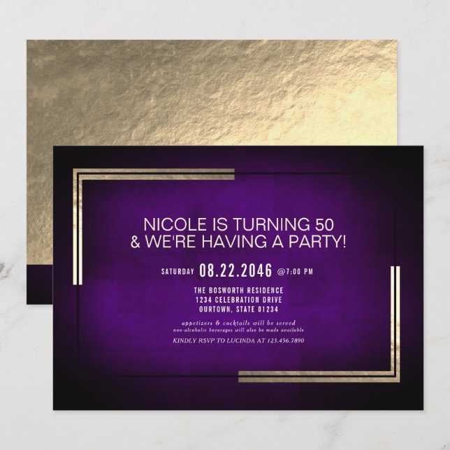 Elegant Classy Purple/Gold Birthday Party  Invitation (Front/Back)