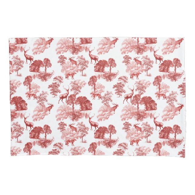 Elegant Classy Red French Toile Deer Fox Forest Pillowcase (Front-Left)