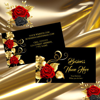 Elegant Classy Red Rose Black Gold Leaf Business Card